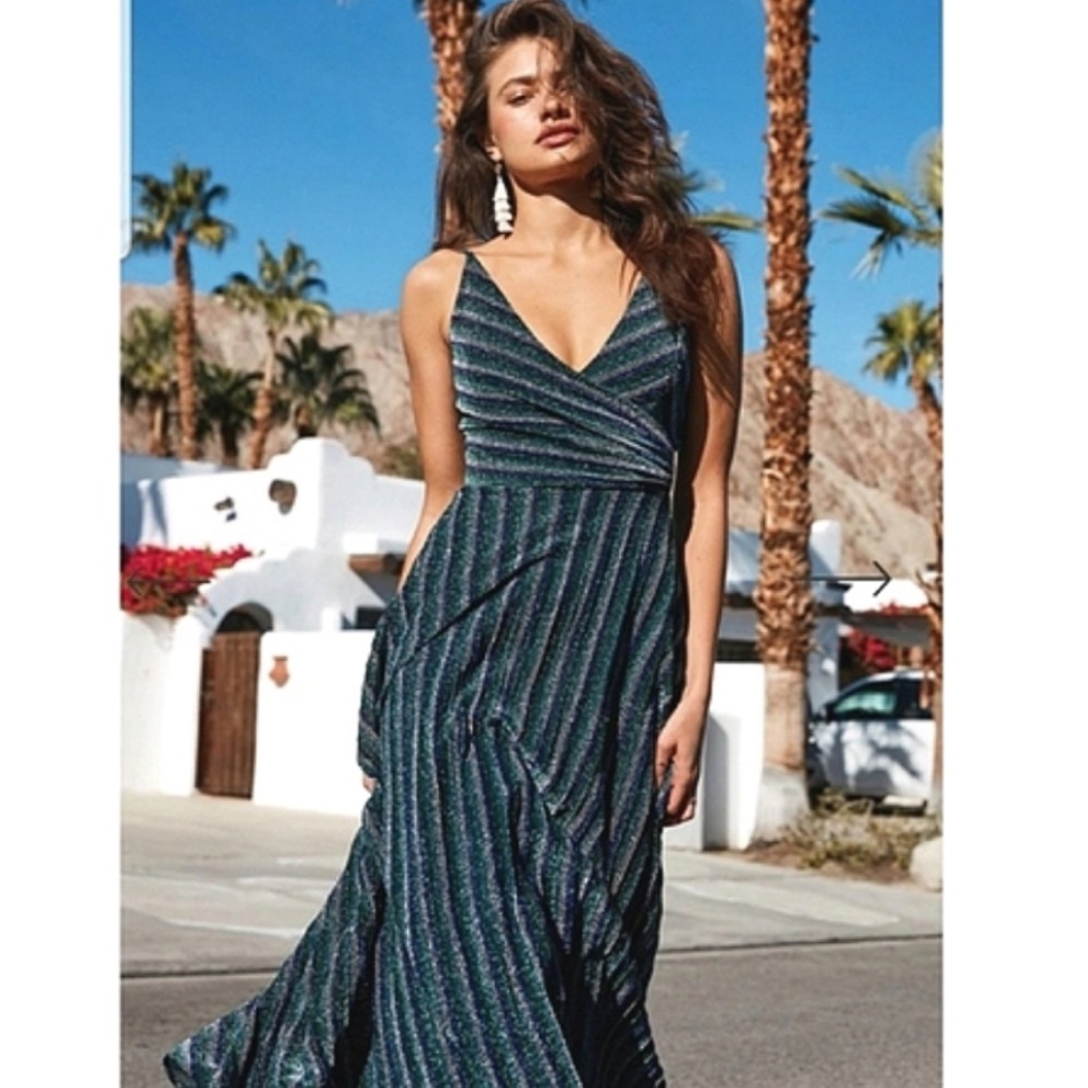 Dress the Population Lena Dress: Striped Maxi Dress - Blue and Green